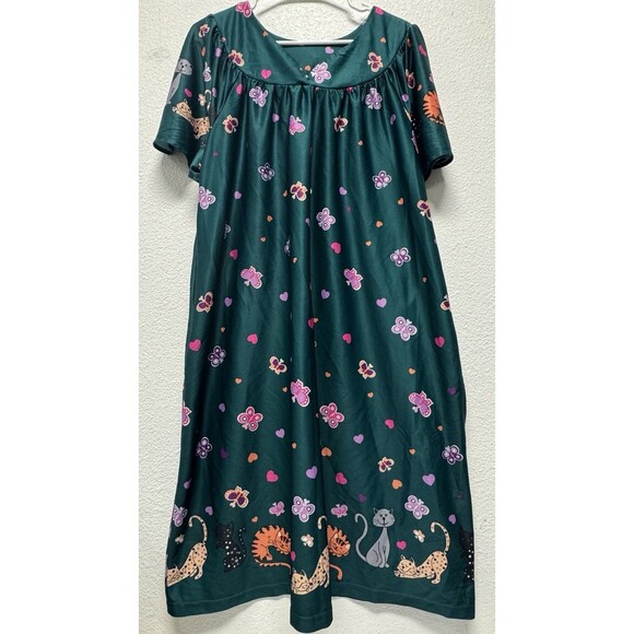 Anthony Richards 1X Colorful Teal Cat Print House Dress MuuMuu Butterfly Lounge - Picture 2 of 5